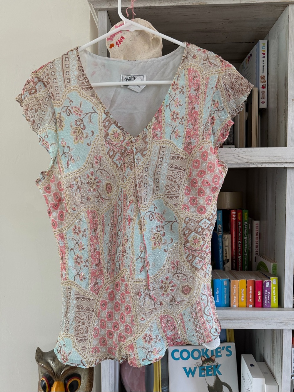 Bob Mackie Floral Patchwork V-Neck Cap Sleeve Top Pastel Pink & Light Blue Sz 14